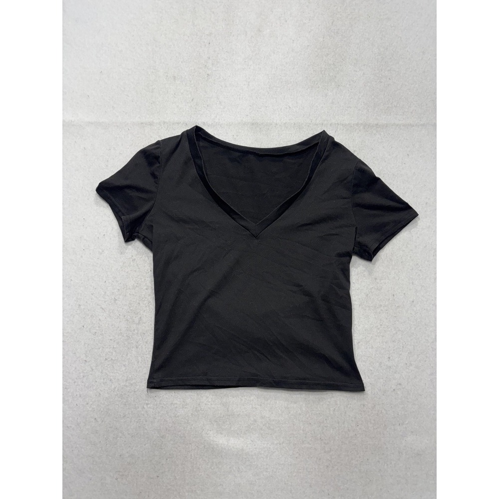 Black V Neck Short Sleeve Cropped Stretch Tee Shirt Womens Medium C187VOV657